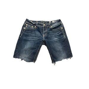 Miss Me Jean Shorts Womens 30 Blue Whiskered Contrast Stitch Streetwear Raw Hem